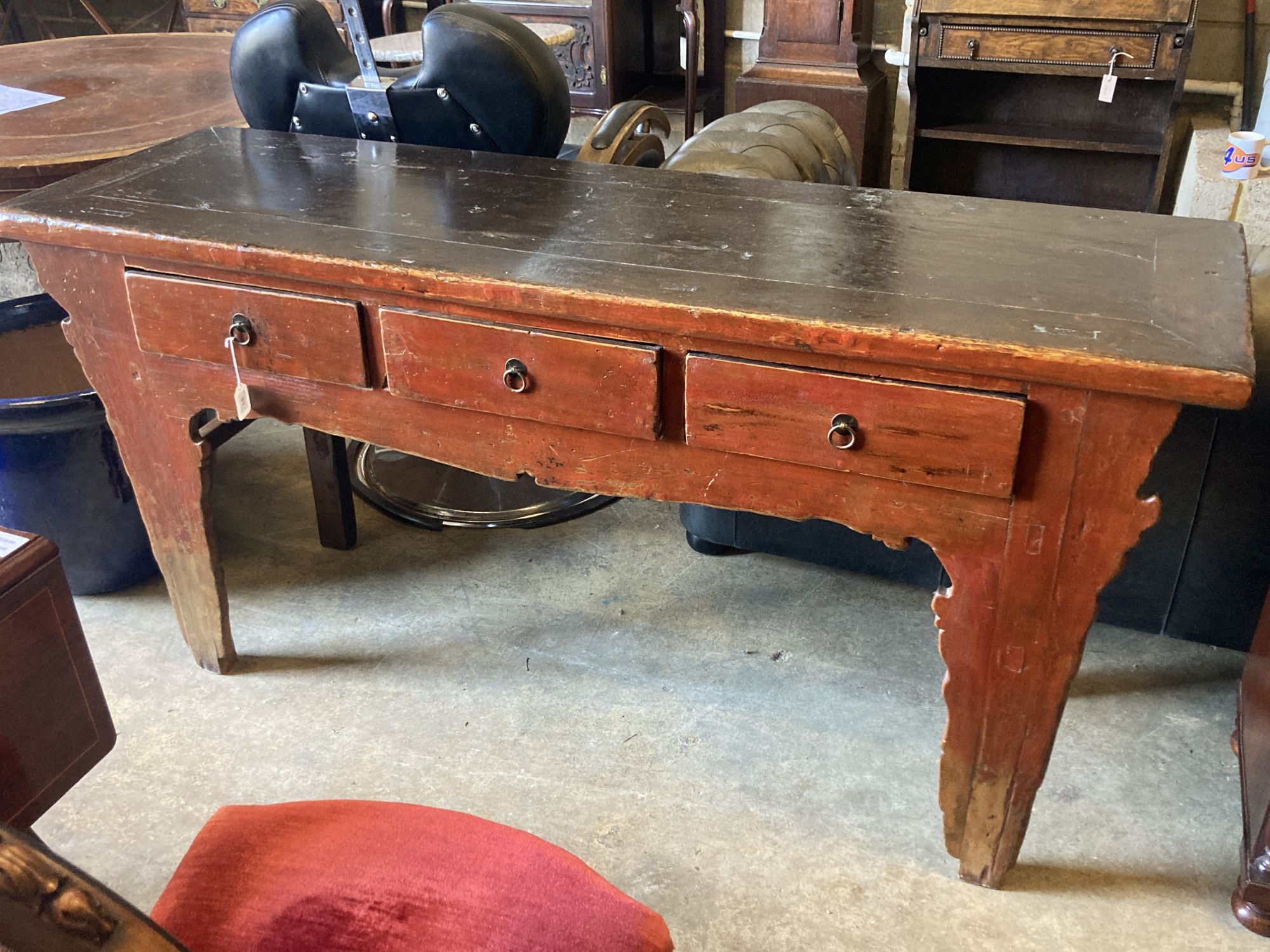 A Chinese painted three drawer altar table, length 172cm, width 52cm, height 84cm, early 20th century from Northern China